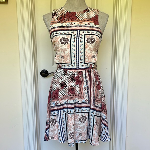 Topshop Copper Brown Cream Floral Patchwork Cut Out Flare Skater - Picture 2 of 5